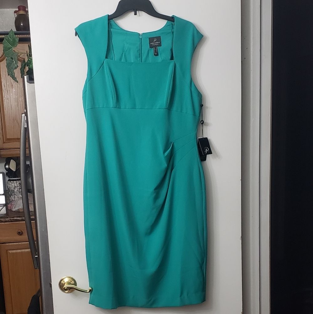 Adrianna Papell Carribean Blue Square Neckline Asymmetrical Pleated Sheath Dress